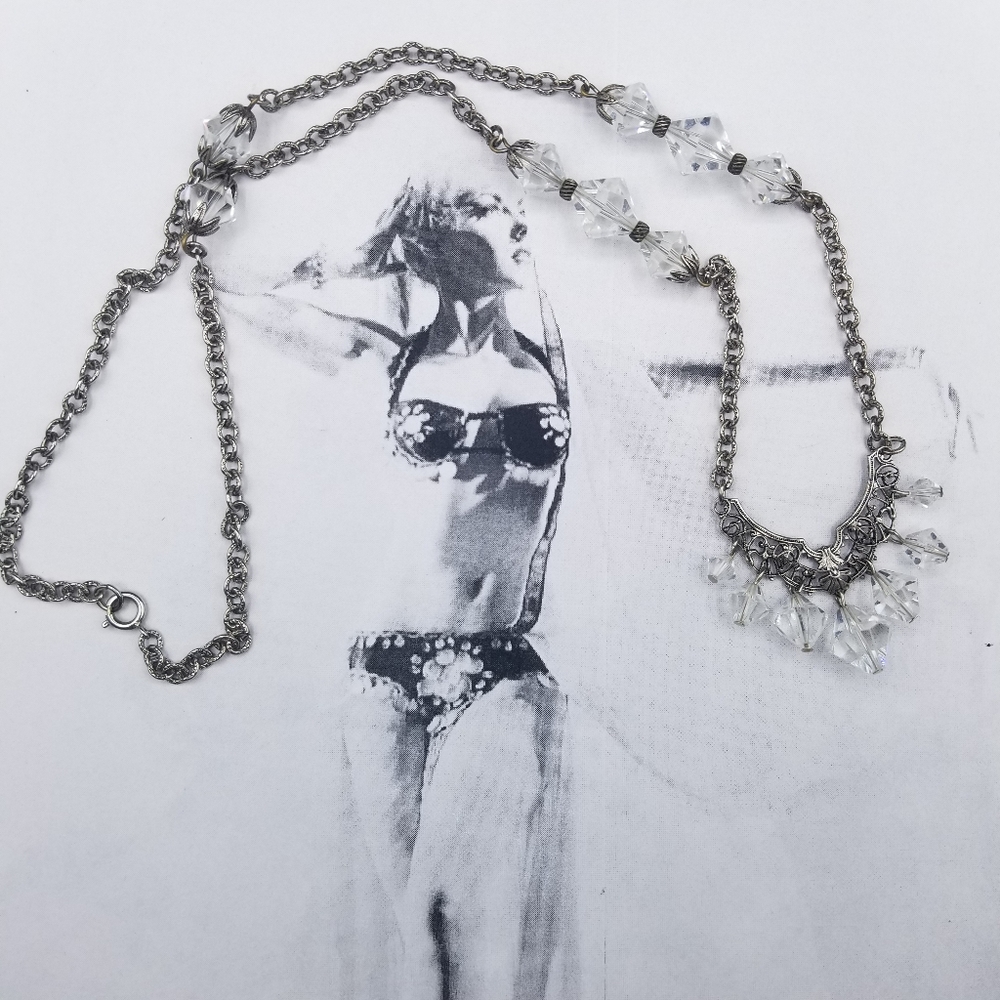 Vintage art deco silver tone and crystal necklace